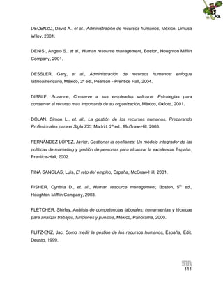 DECENZO, David A., et al., Administración de recursos humanos, México, Limusa
Wiley, 2001.
DENISI, Angelo S., et al., Human resource management, Boston, Houghton Mifflin
Company, 2001.
DESSLER, Gary, et al., Administración de recursos humanos: enfoque
latinoamericano, México, 2ª ed., Pearson - Prentice Hall, 2004.
DIBBLE, Suzanne, Conserve a sus empleados valiosos: Estrategias para
conservar el recurso más importante de su organización, México, Oxford, 2001.
DOLAN, Simon L., et. al., La gestión de los recursos humanos. Preparando
Profesionales para el Siglo XXI, Madrid, 2ª ed., McGraw-Hill, 2003.
FERNÁNDEZ LÓPEZ, Javier, Gestionar la confianza: Un modelo integrador de las
políticas de marketing y gestión de personas para alcanzar la excelencia, España,
Prentice-Hall, 2002.
FINA SANGLAS, Luís, El reto del empleo, España, McGraw-Hill, 2001.
FISHER, Cynthia D., et. al., Human resource management, Boston, 5th ed.,
Houghton Mifflin Company, 2003.
FLETCHER, Shirley, Análisis de competencias laborales: herramientas y técnicas
para analizar trabajos, funciones y puestos, México, Panorama, 2000.
FLITZ-ENZ, Jac, Cómo medir la gestión de los recursos humanos, España, Edit.
Deusto, 1999.

111

 