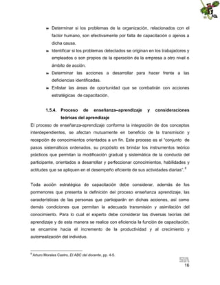 

Determinar si los problemas de la organización, relacionados con el
factor humano, son efectivamente por falta de capacitación o ajenos a
dicha causa.



Identificar si los problemas detectados se originan en los trabajadores y
empleados o son propios de la operación de la empresa a otro nivel o
ámbito de acción.



Determinar las acciones a desarrollar para hacer frente a las
deficiencias identificadas.



Enlistar las áreas de oportunidad que se combatirán con acciones
estratégicas de capacitación.

1.5.4. Proceso

de

enseñanza–aprendizaje

y

consideraciones

teóricas del aprendizaje
El proceso de enseñanza-aprendizaje conforma la integración de dos conceptos
interdependientes, se afectan mutuamente en beneficio de la transmisión y
recepción de conocimientos orientados a un fin. Este proceso es el “conjunto de
pasos sistemáticos ordenados, su propósito es brindar los instrumentos teórico
prácticos que permitan la modificación gradual y sistemática de la conducta del
participante, orientados a desarrollar y perfeccionar conocimientos, habilidades y
actitudes que se apliquen en el desempeño eficiente de sus actividades diarias”. 8
Toda acción estratégica de capacitación debe considerar, además de los
pormenores que presenta la definición del proceso enseñanza aprendizaje, las
características de las personas que participarán en dichas acciones, así como
demás condiciones que permitan la adecuada transmisión y asimilación del
conocimiento. Para lo cual el experto debe considerar las diversas teorías del
aprendizaje y de esta manera se realice con eficiencia la función de capacitación,
se encamine hacia el incremento de la productividad y al crecimiento y
autorrealización del individuo.

8

Arturo Morales Castro, El ABC del docente, pp. 4-5.

16

 
