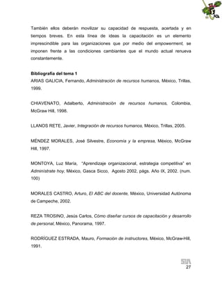 También ellos deberán movilizar su capacidad de respuesta, acertada y en
tiempos breves. En esta línea de ideas la capacitación es un elemento
imprescindible para las organizaciones que por medio del empowerment, se
imponen frente a las condiciones cambiantes que el mundo actual renueva
constantemente.
Bibliografía del tema 1
ARIAS GALICIA, Fernando, Administración de recursos humanos, México, Trillas,
1999.
CHIAVENATO, Adalberto, Administración de recursos humanos, Colombia,
McGraw Hill, 1998.
LLANOS RETE, Javier, Integración de recursos humanos, México, Trillas, 2005.
MÉNDEZ MORALES, José Silvestre, Economía y la empresa, México, McGraw
Hill, 1997.
MONTOYA, Luz María, “Aprendizaje organizacional, estrategia competitiva” en
Adminístrate hoy, México, Gasca Sicco, Agosto 2002, págs. Año IX, 2002. (num.
100)
MORALES CASTRO, Arturo, El ABC del docente, México, Universidad Autónoma
de Campeche, 2002.
REZA TROSINO, Jesús Carlos, Cómo diseñar cursos de capacitación y desarrollo
de personal, México, Panorama, 1997.
RODRÍGUEZ ESTRADA, Mauro, Formación de instructores, México, McGraw-Hill,
1991.

27

 