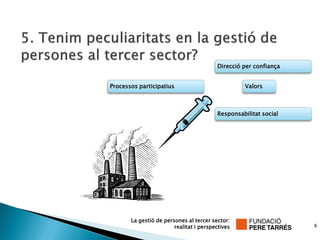 Direcció per confiança


Processos participatius                           Valors



                                         Responsabilitat social




       La gestió de persones al tercer sector:
                        realitat i perspectives                   8
 