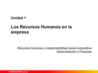 Recursos humanos y responsabilidad social corporativa
Administración y Finanzas
Unidad 1
Los Recursos Humanos en la
empresa
 