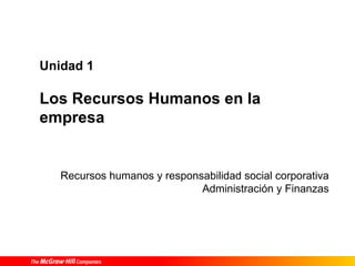 Recursos humanos y responsabilidad social corporativa
Administración y Finanzas
Unidad 1
Los Recursos Humanos en la
empresa
 