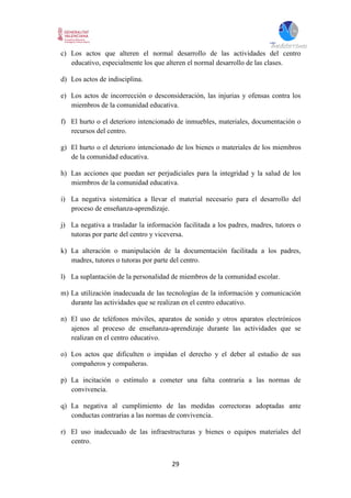 29
c) Los actos que alteren el normal desarrollo de las actividades del centro
educativo, especialmente los que alteren el normal desarrollo de las clases.
d) Los actos de indisciplina.
e) Los actos de incorrección o desconsideración, las injurias y ofensas contra los
miembros de la comunidad educativa.
f) El hurto o el deterioro intencionado de inmuebles, materiales, documentación o
recursos del centro.
g) El hurto o el deterioro intencionado de los bienes o materiales de los miembros
de la comunidad educativa.
h) Las acciones que puedan ser perjudiciales para la integridad y la salud de los
miembros de la comunidad educativa.
i) La negativa sistemática a llevar el material necesario para el desarrollo del
proceso de enseñanza-aprendizaje.
j) La negativa a trasladar la información facilitada a los padres, madres, tutores o
tutoras por parte del centro y viceversa.
k) La alteración o manipulación de la documentación facilitada a los padres,
madres, tutores o tutoras por parte del centro.
l) La suplantación de la personalidad de miembros de la comunidad escolar.
m) La utilización inadecuada de las tecnologías de la información y comunicación
durante las actividades que se realizan en el centro educativo.
n) El uso de teléfonos móviles, aparatos de sonido y otros aparatos electrónicos
ajenos al proceso de enseñanza-aprendizaje durante las actividades que se
realizan en el centro educativo.
o) Los actos que dificulten o impidan el derecho y el deber al estudio de sus
compañeros y compañeras.
p) La incitación o estímulo a cometer una falta contraria a las normas de
convivencia.
q) La negativa al cumplimiento de las medidas correctoras adoptadas ante
conductas contrarias a las normas de convivencia.
r) El uso inadecuado de las infraestructuras y bienes o equipos materiales del
centro.
 