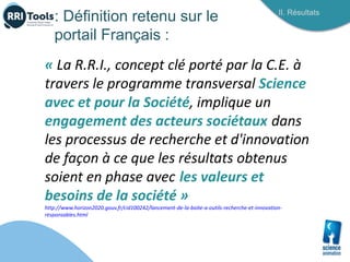 : Définition retenu sur le
portail Français :
II. Résultats
« La R.R.I., concept clé porté par la C.E. à
travers le programme transversal Science
avec et pour la Société, implique un
engagement des acteurs sociétaux dans
les processus de recherche et d'innovation
de façon à ce que les résultats obtenus
soient en phase avec les valeurs et
besoins de la société »
http://www.horizon2020.gouv.fr/cid100242/lancement-de-la-boite-a-outils-recherche-et-innovation-
responsables.html
 