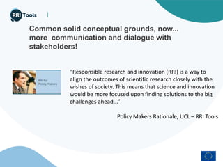 |
Common solid conceptual grounds, now...
more communication and dialogue with
stakeholders!
“Responsible research and innovation (RRI) is a way to
align the outcomes of scientific research closely with the
wishes of society. This means that science and innovation
would be more focused upon finding solutions to the big
challenges ahead...”
Policy Makers Rationale, UCL – RRI Tools
 