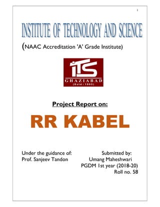 1
(NAAC Accreditation 'A' Grade Institute)
Project Report on:
RR KABEL
Under the guidance of: Submitted by:
Prof. Sanjeev Tandon Umang Maheshwari
PGDM 1st year (2018-20)
Roll no. 58
 