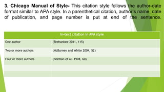3. Chicago Manual of Style- This citation style follows the author-date
format similar to APA style. In a parenthetical ci...
