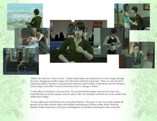 “Hmm? Yes, little love. There is more.” Titania smiled sadly and reached down to swirl a finger through
the water, bringing up another image of an obviously inebriated young man, “There is a story for all of
Carli’s descendants, but there is one particular thread we need to follow. It had always been her dream to
found a legacy, and while it is most unorthodox there is a lineage to follow.”

“Carli’s eldest son Dominic is our next hero. He traveled with his brother and sister for a time, but
eventually they went their separate ways for safety’s sake. He eventually found his way to the seaside town
of Bluewater Village.”

“It was in Bluewater that Dominic met young Tessa Ramirez. They grew to love one another despite the
protests of her father and the subtle and unsubtle machinations of others in Blue Water. With her,
Dominic finally found some of the peace and happiness he had been searching for in his young life.”
 