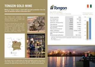 Tongon gold mine
The Tongon mine comprises two
open pit operations, the Southern and
Northern Zones, both of which have
potential for more reserves.
The mine currently has a six year Life
of Mine. In 2014 the geological model
for the Southern Zone pit was updated,
resulting in resource gains which
replaced the reserves mined during
the year. Tongon is targeting gold
production of 290 000oz in 2016.
The Tongon mine is located within the Nielle exploration permit in the north of
Côte d’lvoire, 55km south of the border with Mali. Randgold owns 89% of the
company, the State of Côte d’lvoire 10% and 1% is held by a local company.
Key 2015 numbers
Equity ownership 89%
2015 production (100%) 242 948
Total cash costs ($/oz) 836
Profit from mining activity1
(100%) $75.4m
Total reserves2
(100%) 2.0Moz
Total resources measured
and indicated2 (100%) 2.6Moz
Total resources inferred2
(100%) 1.1Moz
Safety certification OHSAS 18001
Lost Time Injury Frequency
Rate
0.82
Environmental certification ISO 14001
1
Profit from mining activity is calculated by subtracting total cash costs from
gold sales, and is measured prior to depreciation, interest and corporate
tax charges.
2
At 31 December 2015.
for the 12 months ended 31 December
Mining at Tongon began in April 2010 and gold production from the
open pit operation started in December 2010.
GHANA
BURKINA
FASO
MALI
GUINEA
LIBERIA
Abidjan
CÔTE D’IVOIRE
500km
Randgold permits
Tongon gold mine
N
Production and
forecast (000oz)
0
500
100
150
200
250
300
20162015
 
