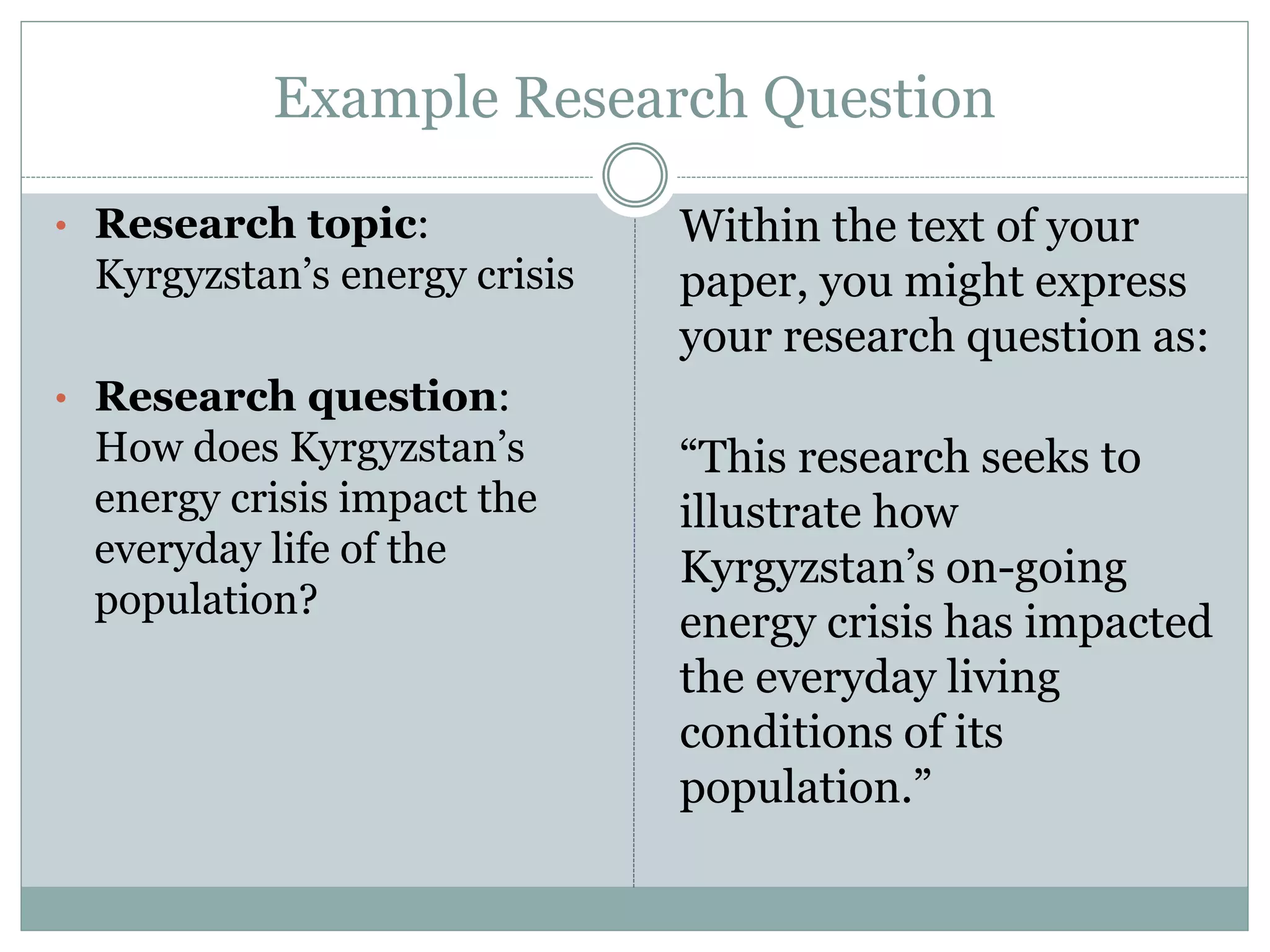Example Research Question
• Research topic:
Kyrgyzstan’s energy crisis
• Research question:
How does Kyrgyzstan’s
energy crisis impact the
everyday life of the
population?
Within the text of your
paper, you might express
your research question as:
“This research seeks to
illustrate how
Kyrgyzstan’s on-going
energy crisis has impacted
the everyday living
conditions of its
population.”
 