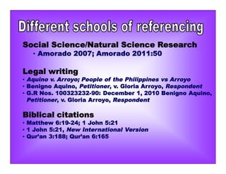 Social Science/Natural Science Research
• Amorado 2007; Amorado 2011:50
Legal writing
• Aquino v. Arroyo; People of the Philippines vs Arroyo
• Benigno Aquino, Petitioner, v. Gloria Arroyo, Respondent
• G.R Nos. 100323232-90: December 1, 2010 Benigno Aquino,
Petitioner, v. Gloria Arroyo, Respondent
Biblical citations
• Matthew 6:19-24; 1 John 5:21
• 1 John 5:21, New International Version
• Qur’an 3:188; Qur’an 6:165
 
