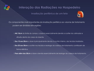 Interação das Radiações no Hospedeiro  Irradiação periférica de um fetoOs componentes mais importantes da irradiação periférica ao volume de tratamento podem ser divididos em regiões: :: Até 10cm do limite do campo, a dose é essencialmente devida a scatter do colimador e difusão dentro do corpo do doente.:: Dos 10 aos 20cm a dose é principalmente devida a scatter interno, dos tecidos irradiados.:: Dos 20 aos 30cm o scatter nos tecidos e leakage da cabeça de tratamento contribuem de forma idêntica.:: Para além dos 30cm a dose e devida essencialmente de leakage da cabeça de tratamento.  