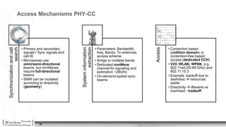 10
Access Mechanisms PHY-CC
Synchronizationandcell
search
• Primary and secondary
signals / Sync signals and
cell ID
• Microwaves use
omni/semi-directional
beams, but mmWaves
require full-directional
beams
• SINR can be modeled
according to directivity
(geometry) Systeminformation
extraction
• Parameters: Bandwidth,
freq. Bands, Tx antennas,
access scheme
• Sinlge or multiple bands
• Dedicated mmWave
channel for signaling and
estimation ~28GHz
• On-demand spatial sync:
beams
Access
• Contention based
(collition domain) or
contention-free based
access (dedicated CCH)
• V2V, WLAN, WPAN, e.g.
802.11ad (55-68 GHz) and
802.11.15.3
• Example: backoff due to
deafness  resources
waste
• Directivity  #beams vs
overhead : tradeoff
 