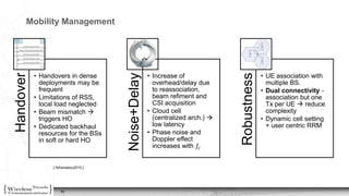 11
Mobility ManagementHandover
• Handovers in dense
deployments may be
frequent
• Limitations of RSS,
local load neglected
• Beam mismatch 
triggers HO
• Dedicated backhaul
resources for the BSs
in soft or hard HO
Noise+Delay
• Increase of
overhead/delay due
to reassociation,
beam refiment and
CSI acquisition
• Cloud cell
(centralized arch.) 
low latency
• Phase noise and
Doppler effect
increases with 𝑓𝑐
Robustness
• UE association with
multiple BS.
• Dual connectivity -
association but one
Tx per UE  reduce
complexity
• Dynamic cell setting
+ user centric RRM
[ Athanasiou2015 ]
 