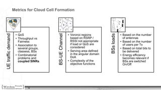 12
Metrics for Cloud Cell FormationUEtrafficdemand
• QoS
• Throughput vs
Fairness
• Association to
several groups,
classess, BSs
• Combinatorial
problems and
coupled SINRs BS-UEChannel
• Voronoi regions
based on RSRP /
RSSI not appropriate
if load or QoS are
considered
• Serving area defined
in the angular domain
DoA
• Complexity of the
objective functions
BSsloads
• Based on the number
of antennas
• Based on the number
of users per Tx
• Based on total bits to
be delivered
• Energy efficiency
becomes relevant if
BSs are switched
On/Off
 
