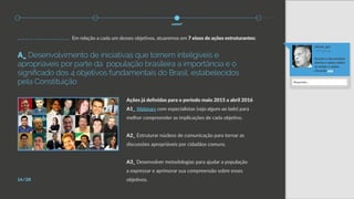 Ações já definidas para o período maio 2015 a abril 2016
A1_ Webinars com especialistas (veja alguns ao lado) para
melhor compreender as implicações de cada objetivo.
A2_ Estruturar núcleos de comunicação para tornar as
discussões apropriáveis por cidadãos comuns.
A3_ Desenvolver metodologias para ajudar a população
a expressar e aprimorar sua compreensão sobre esses
objetivos.
A_ Desenvolvimento de iniciativas que tornem inteligíveis e
apropriáveis por parte da população brasileira a importância e o
significado dos 4 objetivos fundamentais do Brasil, estabelecidos
pela Constituição
14/28
ulisses_gui
7:44 3 de mar
Acesse o documento
aberto e opine sobre
as metas e ações
clicando aqui!
Em relação a cada um desses objetivos, atuaremos em 7 eixos de ações estruturantes:
como?
Responder...
 