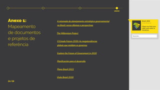A retomada do planejamento estratégico governamental
no Brasil: novos dilemas e perspectivas
The Millennium Project
O Estado Futuro 2030: As megatendências
globais que moldam os governos
Explore the Future of Government in 2020
Planificación para el desarrollo
Plano Brasil 2022
Visão Brasil 2030
Anexo 1:
Mapeamento
de documentos
e projetos de
referência
24/28
anexos
Brasil_2030
11:06 14 de mar
Clique nos links para
saber mais sobre as
iniciativas.
Responder...
 