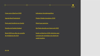 Como será o Brasil em 2030
Agenda Brasil Sustentável
Pacto pela Excelência em Gestão
Desafios da Gestão Estadual
Brasil 2030 aos olhos do conselho
de inteligência dos EUA
25/28
Indicadores Sociodemográficos
Projeto Cidades Inovadoras 2030
Niterói que queremos
São Paulo desenha seu futuro até 2030
Saúde no Brasil em 2030: diretrizes para
a prospecção estratégica do sistema de
saúde brasileiro
anexos
 