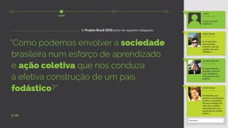 André Rafael
18:02 29 de dez
É um país livre;
desenvolvido,
inclusivo; que dá
orgulho aos seus
cidadãos...
Leandro Rezende
18:34 29 de dez
É empreendedor;
inovador; show de
bola; fantástico;
sem papo de cena
política...
André Soares
19:16 29 de dez
É humanista, que
promove a participação
social e a consciência
de uma sociedade em
rede; que contribui
decisivamente com a
construção de mundo
melhor...
_souza
14:54 29 de dez
O que é um país
fodástico?
9/28
“Como podemos envolver a sociedade
brasileira num esforço de aprendizado
e ação coletiva que nos conduza
à efetiva construção de um país
fodástico?”
O Projeto Brasil 2030 parte da seguinte indagação:
o quê?
Responder...
 