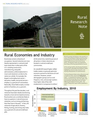 HAC RURAL RESEARCH NOTE | July 2012                                                                                                                                            1




                                                                                                                                           Rural
                                                                                                                                        Research
                                                                                                                                            Note




  HOUSING ASSISTANCE COUNCIL


  Rural Economies and Industry
                                                                                                                             ABOUT THIS SERIES
                                                                                                                            Rural Economies and Industry is the seventh in a
                                                                                                                            series of Rural Research Notes presenting data
  Rural areas contain a diversity of                                    At the same time, nearly 60 percent of              and findings from the recently released 2010
  occupations. Several industries are more                              all workers in these industries are                 Census and American Community Survey
                                                                                                                            (ACS). This Research Note was prepared by
  heavily represented in rural and small                                located in rural and small town                     Kevin Reza of the Housing Assistance Council.
  town areas than in other parts of the                                 communities.
                                                                                                                            In the coming months, the Housing Assistance
  U.S. including construction,
                                                                                                                            Council (HAC) will publish Rural Research Notes
  manufacturing, and public                                             An overall shift toward higher-skilled              highlighting various social, economic, and
  administration, while employment in                                   trades creates a cautiously optimistic              housing characteristics of rural Americans.

  most rural industries is similar to the                               economic portrait for the future of rural
                                                                                                                            The Rural Research Notes series will preview and
  nation as a whole. For example, the                                   industries. However, certain                        complement HAC’s decennial Taking Stock
                                                                        demographic groups such as rural                    report - a comprehensive assessment of rural
  largest rural employment sector –                                                                                         America and its housing. Since the 1980s, HAC
  education, health, and social services –                              Hispanics, men, and younger workers                 has presented Taking Stock every ten years
                                                                        have higher rates of low-skill                      following the release of Census data. The
  employs 21.9 percent of rural workers.                                                                                    newest Taking Stock report will be published in
                                                                                                               i
  Nationally, those fields employ a similar                             employment in comparison to others.                 2012.
  portion of workers, at 21.5 percent.
                                                                             Employment By Industry, 2010
  Throughout the past few decades, rural                                25
  industries have been slowly transitioning
                                             i                                         Rural and Small Town
  towards a more service-based economy.                                 20
                                                 Percent of Workforce




  Rural workers are currently less likely to                                           Suburban and Exurban
  have occupations in natural resources                                 15             Urban
  industries, such as mining and farming,
                               ii
  than they have in the past. In fact, the                              10
  industries of agriculture, forestry,
  fishing, hunting, and mining only make                                 5
  up 5.5 percent of rural and small town
  jobs.                                                                  0
                                                                                Agriculture,      Transportation,   Construction        Retail Trade     Education, Health
                                                                              Forestry, Mining,   Warehousing and                                        and Social Services
                                                                              Fishing, Hunting        Utilities
 
