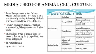 MEDIA USED FOR ANIMAL CELL CULTURE
 Basic Components in the Culture
Media Most animal cell culture media
are generally having following 10 basic
components and they are as follows,
 Energy sources: Glucose, Fructose,
Amino acids, Nitrogen sources: Amino
acids.
 The various types of media used for
tissue culture may be grouped into two
broad categories:
 1) Natural media
 2) Artificial media.
 