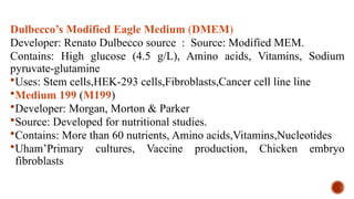 Dulbecco’s Modified Eagle Medium (DMEM)
Developer: Renato Dulbecco source : Source: Modified MEM.
Contains: High glucose (4.5 g/L), Amino acids, Vitamins, Sodium
pyruvate-glutamine
Uses: Stem cells,HEK-293 cells,Fibroblasts,Cancer cell line line
Medium 199 (M199)
Developer: Morgan, Morton & Parker
Source: Developed for nutritional studies.
Contains: More than 60 nutrients, Amino acids,Vitamins,Nucleotides
Uham’Primary cultures, Vaccine production, Chicken embryo
fibroblasts
 
