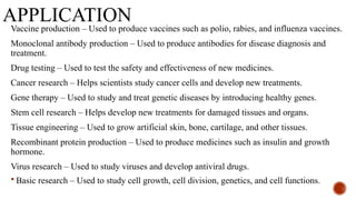 APPLICATION
Vaccine production – Used to produce vaccines such as polio, rabies, and influenza vaccines.
Monoclonal antibody production – Used to produce antibodies for disease diagnosis and
treatment.
Drug testing – Used to test the safety and effectiveness of new medicines.
Cancer research – Helps scientists study cancer cells and develop new treatments.
Gene therapy – Used to study and treat genetic diseases by introducing healthy genes.
Stem cell research – Helps develop new treatments for damaged tissues and organs.
Tissue engineering – Used to grow artificial skin, bone, cartilage, and other tissues.
Recombinant protein production – Used to produce medicines such as insulin and growth
hormone.
Virus research – Used to study viruses and develop antiviral drugs.
 Basic research – Used to study cell growth, cell division, genetics, and cell functions.
 