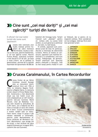 Alt fel de ştiri

Cine sunt „cei mai doriţi‘‘ şi „cei mai
zgârciţi‘‘ turişti din lume
E oficial! Cei mai iubiţi
turişti din lume sunt
japonezii!

A

ceasta este concluzia unui
studiu realizat printre hotelieri de către Institutul
TNS Infratest. Studiul a relevat şi cine sunt, potrivit hotelierilor,
şi cei mai zgârciţi turişti. Potrivit
France Presse, evaluarea turiştilor
a fost făcută în 27 de ţări, pe baza
a nouă criterii, de la politeţe la
generozitate, pornind de la opiniile
exprimate de aproximativ 40.000 de

hotelieri din întreaga lume. Turiştii
francezi sunt „blamaţi‘‘ pentru
că vorbesc urât, nu cunosc limbi
străine, nu sunt generoşi şi politicoşi
şi, mai ales, nu lasă bacşiş.
În schimb, japonezii sunt consi­
deraţi turişti de nota 10: politicoşi,
discreţi şi interesaţi de obiectivele
turistice. Pentru al treilea an consecutiv, japonezii sunt înaintea britanicilor şi a canadienilor, care sunt
urmaţi, îndeaproape, de germani.
Turiştii ame­ icani sunt apreciaţi
r
pentru cheltuieli şi bacşişuri, însă
au fost taxaţi pentru modul în care

se îmbracă, dar şi pentru că nu
respectă ordinea, fiind consideraţi
cei mai arţăgoşi. Iată top 10 al celor
mai apreciaţi turişti:
1. JAPONEZII
2. ENGLEZII
3. CANADIENII
4. GERMANII
5. ELVEŢIENII
6. OLANDEZII
7. AUSTRALIENII
8. SUEDEZII
9. AMERICANII
10. DANEZII

Crucea Caraimanului, în Cartea Recordurilor

C

rucea Eroilor de pe Vârful
Caraiman (munţii Bucegi)
este un monument istoric
construit între anii 1926 şi
1928, la iniţiativa Regelui Ferdinand şi a Reginei Maria, în memoria
eroilor căzuţi în Primul Război Mondial. Construcţia a fost desemnată
drept cea mai înaltă cruce din
lume amplasată pe un vârf montan,
potrivit site-ului Guinness World
Record, citat de Mediafax. Crucea este situată la altitudinea de
2.291 metri, are o înălţime de 39,5
metri şi include un soclu din ciment
de 8 metri. Crucea comemorativă
a eroilor români este un monument istoric clasat în grupa A (de
valoare naţională şi universală),
potrivit Listei Monumentelor Istorice alcătuite de Ministerul Culturii. Monumentul, care atrage mii
de turişti, a fost verificat de către
experţii Guinness pe 14 august 2013,
conform site-ului Guinness.

ELENA ALEXA
REGIO@MDRAP.RO

FEBRUARIE 2014

31

 