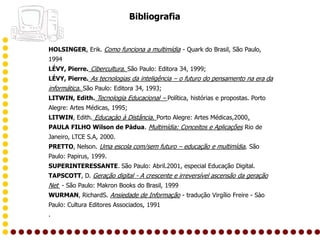 Bibliografia


HOLSINGER, Erik. Como funciona a multimídia - Quark do Brasil, São Paulo,
1994
LÉVY, Pierre. Cibercultura. São Paulo: Editora 34, 1999;
LÉVY, Pierre. As tecnologias da inteligência – o futuro do pensamento na era da
informática. São Paulo: Editora 34, 1993;
LITWIN, Edith. Tecnologia Educacional – Política, histórias e propostas. Porto
Alegre: Artes Médicas, 1995;
LITWIN, Edith. Educaçào à Distância. Porto Alegre: Artes Médicas,2000.
PAULA FILHO Wilson de Pádua. Multimídia: Conceitos e Aplicações Rio de
Janeiro, LTCE S.A, 2000.
PRETTO, Nelson. Uma escola com/sem futuro – educação e multimídia, São
Paulo: Papirus, 1999.
SUPERINTERESSANTE. São Paulo: Abril.2001, especial Educação Digital.
TAPSCOTT, D. Geração digital - A crescente e irreversível ascensão da geração
Net - São Paulo: Makron Books do Brasil, 1999
WURMAN, RichardS. Ansiedade de Informação - tradução Virgílio Freire - Sào
Paulo: Cultura Editores Associados, 1991
.
 