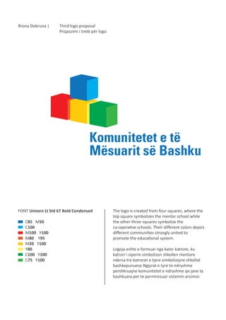 Rrona Dobruna |

Third logo proposal
Propozimi i tretë për logo

FONT Univers Lt Std 67 Bold Condensed
C85 M50
C100
M100 Y100
M80 Y95
M20 Y100
Y80
C100 Y100
C75 Y100

The logo is created from four squares, where the
top square symbolizes the mentor school while
the other three squares symbolize the
co-operative schools. Their diﬀerent colors depict
diﬀerent communities strongly united to
promote the educational system.
Logoja eshte e formuar nga kater katrore, ku
katrori i siperm simbolizon shkollen mentore
ndersa tre katroret e tjere simbolizojne shkollat
bashkepunuese.Ngjyrat e tyre te ndryshme
pershkruajne komunitetet e ndryshme qe jane ta
bashkuara per te permiresuar sistemin arsimor.

 
