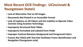 Most Recent OCR Findings: UCincinnati &
Youngstown StateU
• Lack of Alternative Text on All Images
• Documents Not Posted in an Accessible Format
• Lack of Captions on All Videos and the Inability to Operate Video
Controls Using Assistive Technology
• Improperly Structured Data Tables
• Improperly Formatted and Labeled Form Fields
• Improper Contrast Between Background and Foreground Colors
• Frames Not Titled with Text that Facilitates Frame Identification and
Navigation (Youngstown only)
 