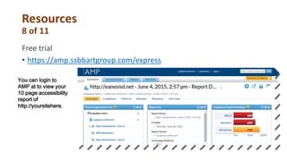 Resources
8 of 11
Free trial
• https://amp.ssbbartgroup.com/express
You can login to
AMP at to view your
10 page accessibility
report of
http://yoursitehere.
 