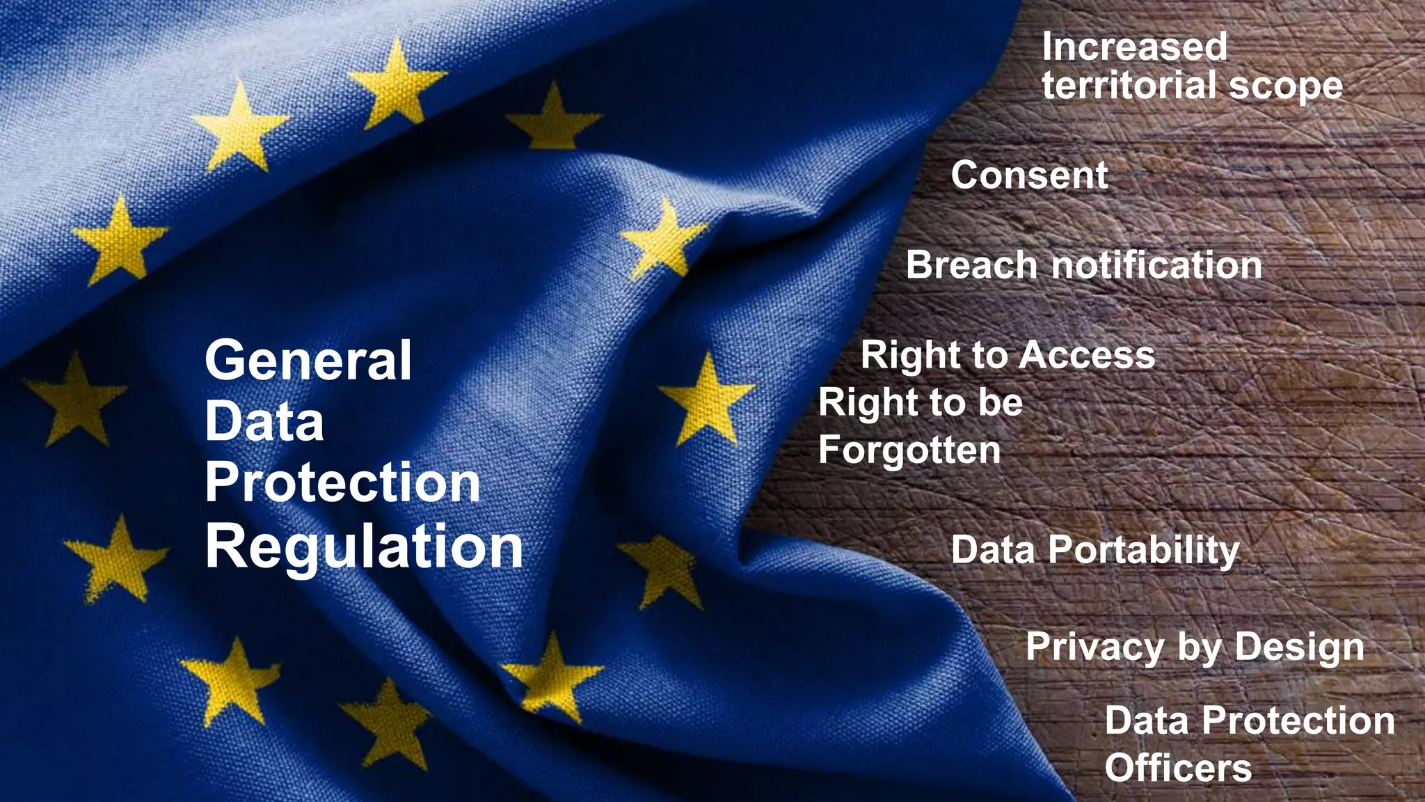7
Increased
territorial scope
Consent
Breach notification
Right to Access
Right to be
Forgotten
Data Portability
Privacy by Design
Data Protection
Officers
General
Data
Protection
Regulation
 