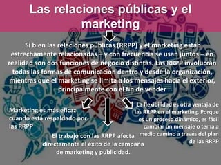 Las relaciones públicas y el 
marketing 
Si bien las relaciones públicas (RRPP) y el marketing están 
estrechamente relacionadas – y con frecuencia se usan juntos – en 
realidad son dos funciones de negocio distintas. Las RRPP involucran 
todas las formas de comunicación dentro y desde la organización, 
mientras que el marketing se limita a los mensajes hacia el exterior, 
principalmente con el fin de vender 
Marketing es más eficaz 
cuando está respaldado por 
las RRPP 
El trabajo con las RRPP afecta 
directamente al éxito de la campaña 
de marketing y publicidad. 
La flexibilidad es otra ventaja de 
las RRPP en el marketing. Porque 
es un proceso dinámico, es fácil 
cambiar un mensaje o tema a 
medio camino a través del plan 
de las RRPP 
 