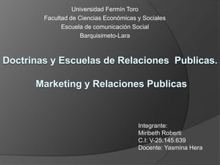 Universidad Fermín Toro
Facultad de Ciencias Económicas y Sociales
Escuela de comunicación Social
Barquisimeto-Lara
Integrante:
Miribeth Roberti
C.I: V-25.145.639
Docente: Yasmina Hera
 