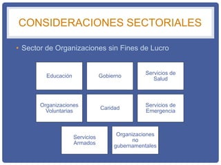 CONSIDERACIONES SECTORIALES
• Sector de Organizaciones sin Fines de Lucro
Educación Gobierno
Servicios de
Salud
Organizaciones
Voluntarias
Caridad
Servicios de
Emergencia
Servicios
Armados
Organizaciones
no
gubernamentales
 