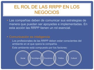 EL ROL DE LAS RRPP EN LOS
NEGOCIOS
• Las compañías deben de comunicar sus estrategias de
manera que puedan ser apoyadas e implementadas. En
esta acción las RRPP tienen un rol esencial.
• Comunicación es inteligencia
• Los profesionales de las RRPP deben estar conscientes del
ambiente en el que opera la compañía.
• Este ambiente está compuesto por los factores:
Social Tecnológico Económico Político Cultural
 