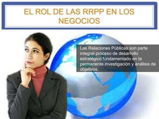 EL ROL DE LAS RRPP EN LOS
NEGOCIOS
Las Relaciones Públicas son parte
integral proceso de desarrollo
estratégico fundamentado en la
permanente investigación y análisis de
objetivos.
 