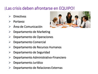 ¡Las crisis deben afrontarse en EQUIPO!
31
 Directivos
 Portavoz
 Área de Comunicación
 Departamento de Marketing
 Departamento de Operaciones
 Departamento Comercial
 Departamento de Recursos Humanos
 Departamento de Seguridad
 Departamento Administrativo-Financiero
 Departamento Jurídico
 Departamento de Relaciones Externas
 