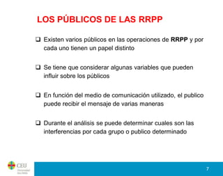 LOS PÚBLICOS DE LAS RRPP

 Existen varios públicos en las operaciones de RRPP y por
  cada uno tienen un papel distinto


 Se tiene que considerar algunas variables que pueden
  influir sobre los públicos


 En función del medio de comunicación utilizado, el publico
  puede recibir el mensaje de varias maneras


 Durante el análisis se puede determinar cuales son las
  interferencias por cada grupo o publico determinado




                                                               7
 