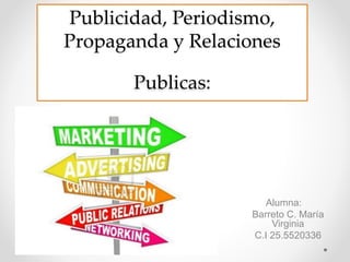 Publicidad, Periodismo,
Propaganda y Relaciones
Publicas:
Alumna:
Barreto C. María
Virginia
C.I 25.5520336
 