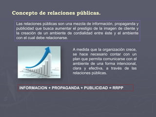 Concepto de relaciones públicas.
Las relaciones públicas son una mezcla de información, propaganda y
publicidad que busca aumentar el prestigio de la imagen de cliente y
la creación de un ambiente de cordialidad entre éste y el ambiente
con el cual debe relacionarse.
A medida que la organización crece,
se hace necesario contar con un
plan que permita comunicarse con el
ambiente de una forma intencional,
clara y efectiva, a través de las
relaciones públicas.
INFORMACION + PROPAGANDA + PUBLICIDAD = RRPP
 