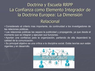 Doctrina y Escuela RRPP
La Confianza como Elemento Integrador de
la Doctrina Europea: La Dimensión
Relacional
• Considerado el criterio mas importante, da continuidad a los investigadores de
las relaciones públicas.
• Las relaciones públicas las separa la publicidad y propaganda, ya que desde el
momento que se integran y ejecutan sus funciones.
• Aportan una confianza para la organización, partiendo de ella dependerá la
calidad de la comunicación.
• Su principal objetivo es una crítica a la disciplina social. Estás teorías aun están
vigentes y en desarrollo.
 