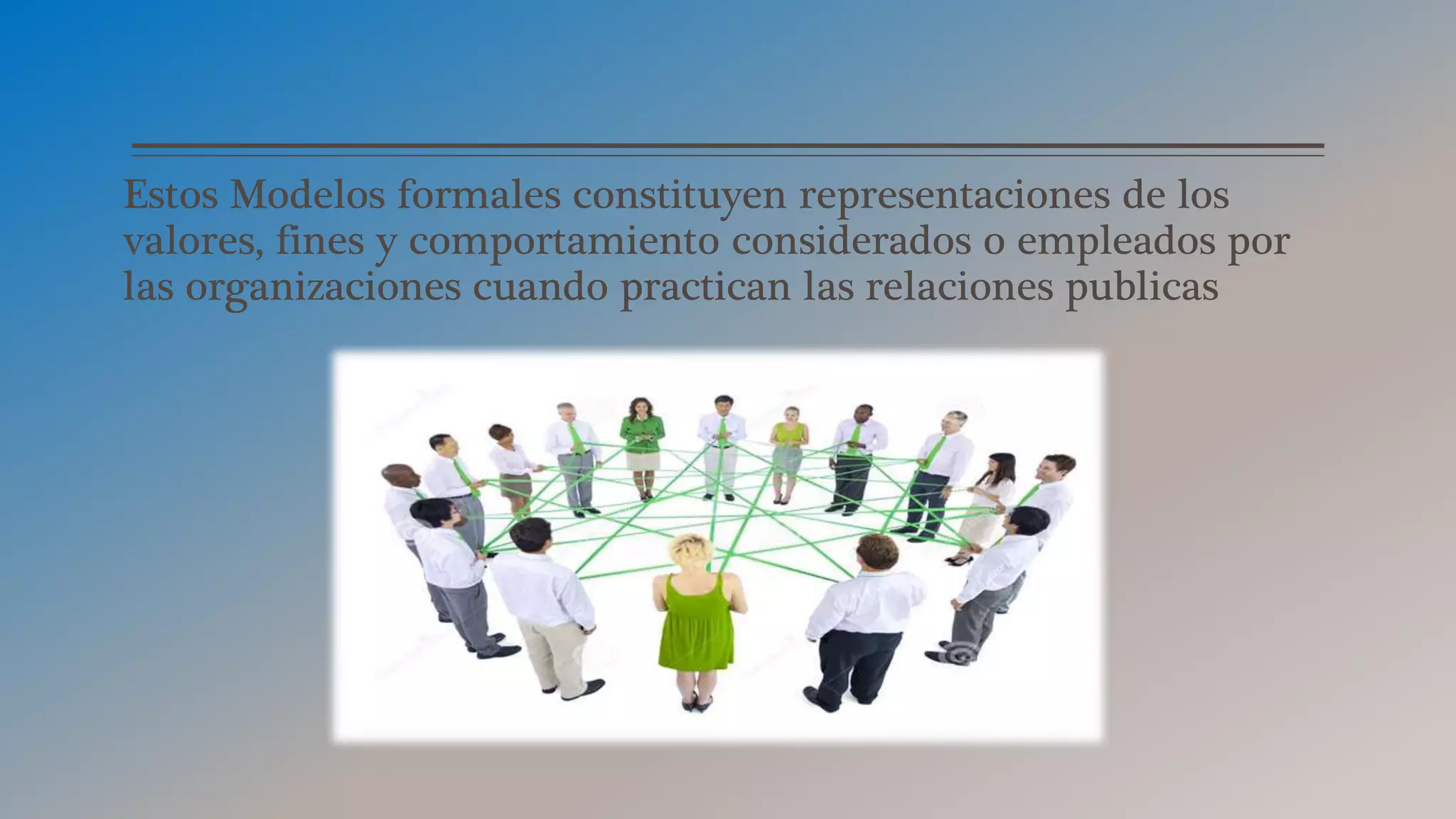 Estos Modelos formales constituyen representaciones de los
valores, fines y comportamiento considerados o empleados por
las organizaciones cuando practican las relaciones publicas
 