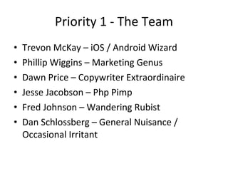 Priority 1 - The Team ,[object Object],[object Object],[object Object],[object Object],[object Object],[object Object]