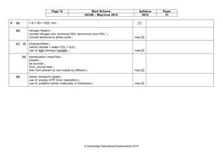 Page 10 Mark Scheme Syllabus Paper
IGCSE – May/June 2014 0610 31
© Cambridge International Examinations 2014
6 (a) 1.8/1.83/1.825, mm ; [1]
(b) nitrogen fixation ;
convert nitrogen into, ammonia/NH3 /ammonium ions/NH4
+
;
convert ammonia to amino acids ; max [2]
(c) (i) photosynthesis ;
carbon dioxide + water/CO2 + H2O ;
use of, light (energy)/sunlight ; max [2]
(ii) translocation/mass flow ;
phloem ;
as sucrose ;
from, source/leaf ;
then from phloem to root nodule by diffusion ; max [2]
(d) active, transport/uptake ;
use of, energy/ATP (from respiration) ;
use of, proteins/carrier molecules, in membrane ; max [2]
 