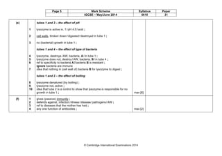 Page 5 Mark Scheme Syllabus Paper
IGCSE – May/June 2014 0610 31
© Cambridge International Examinations 2014
(e)
1
2
3
4
5
6
7
8
9
10
tubes 1 and 3 – the effect of pH
lysozyme is active in, 1/pH 4.0/acid ;
cell walls, broken down/digested/destroyed in tube 1 ;
no (bacterial) growth in tube 1 ;
tubes 1 and 4 – the effect of type of bacteria
lysozyme, destroys/AW, bacteria, A/in tube 1 ;
lysozyme does not, destroy/AW, bacteria, B/in tube 4 ;
ref to specificity to bacteria A/bacteria B is resistant ;
ignore bacteria are immune
idea that nothing in (cell wall of) bacteria B for lysozyme to digest ;
tubes 1 and 2 – the effect of boiling
lysozyme denatured (by boiling) ;
lysozyme not, active ;
idea that tube 2 is a control to show that lysozyme is responsible for no
growth in tube 1 ; max [6]
(f) 1
2
3
4
gives (passive) immunity ;
defends against, infection/illness/disease/pathogens/AW ;
ref to diseases that the mother has had ;
any one function of antibodies ; max [2]
 