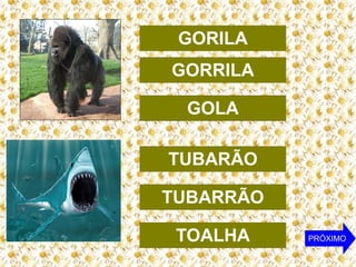 GORILA
GORRILA
GOLA
TUBARÃO
TUBARRÃO
TOALHA

PRÓXIMO

 