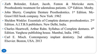 104
• Zarb Bolender, Eckert, Jacob, Fenton & Mericske stern.
Prosthodontic treatment for edentulous patients. 12th Edition. Mosby.
• John Sherry. Complete Denture Prosthodontics. 1st Edition. Mc-
Grawl Hill book company. New York :1962
• Sheldon Winkler. Essentials of Complete denture prosthodontics. 2nd
Edition. A.I.T.B.S publishers. New Delhi, India.
• Charles Heartwell, Arthur Rahn. Syllabus of Complete dentures. 4th
Edition. Varghese publishing house. Mumbai, India. 1992.
• Carl E. Misch. Contemporary implant dentistry. 2nd edition.
Elsevier. Boston, USA. 2013
 