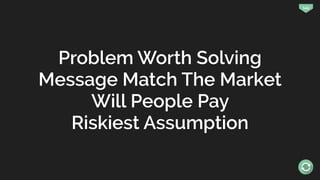 144
Problem Worth Solving
Message Match The Market
Will People Pay
Riskiest Assumption
 